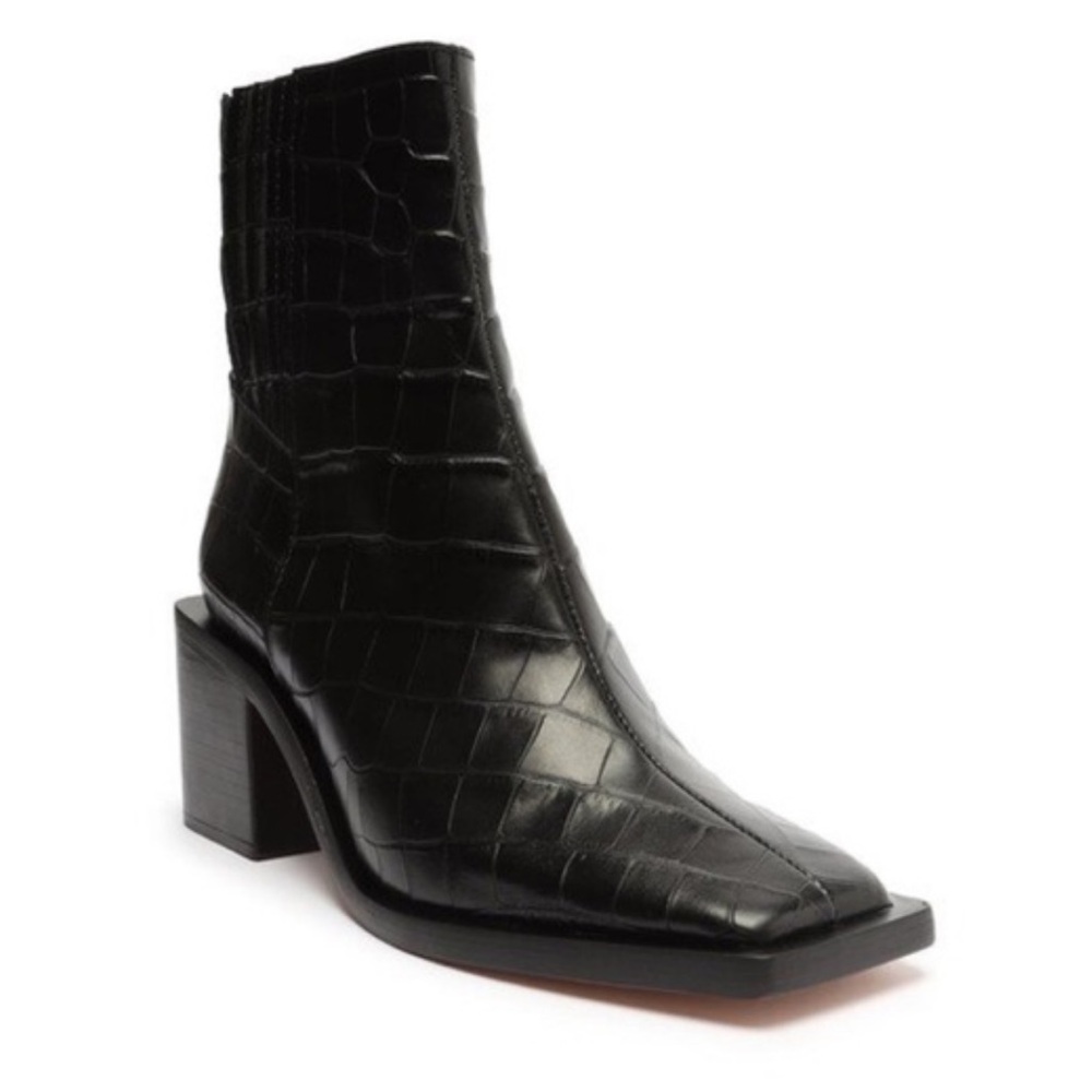 Schultz Heiress Croc Embossed Leather Block Heel Booties Square Toe